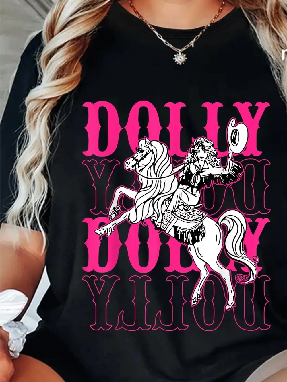 Port & Company Dolly Black Pink Tee Horse Tee Shirt